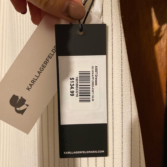 White w/ Black pin stripes, mock neck dress with short sleeves - Picture 2 of 3